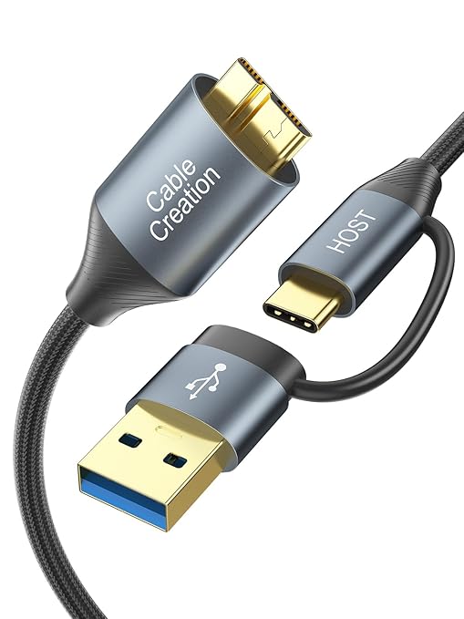 CableCreation 4FT USB C Hard Drive Cable, 5Gbps USB A/C to Micro B, Compatible with iPhone 15/16 Series, WD, Seagate External Hard Drive, Camera, Grey