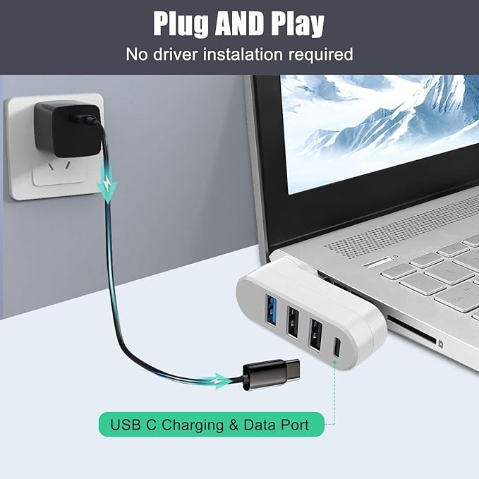 VIENON 4-Port USB 3.0 Hub [90/180 Rotatable], USB Splitter with 3 USB Ports & 1 USB C Power/Data Port, USB Extender for Laptops, Cars, iMac, MacBook Air, MacBook Pro