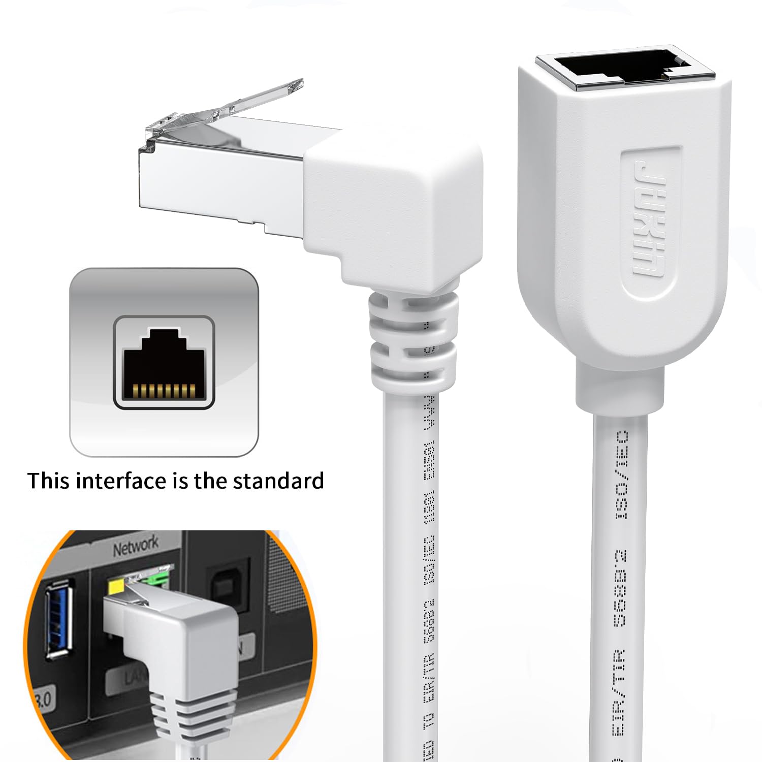 JUXINICE Right Angle Ethernet Extension Cable Down Angle1.5ft-White, 90 Degree CAT6 Ethernet Patch Cable RJ45 LAN Cable Extender Male to Female Connector for Router Modem Smart TV PC Computer Laptop