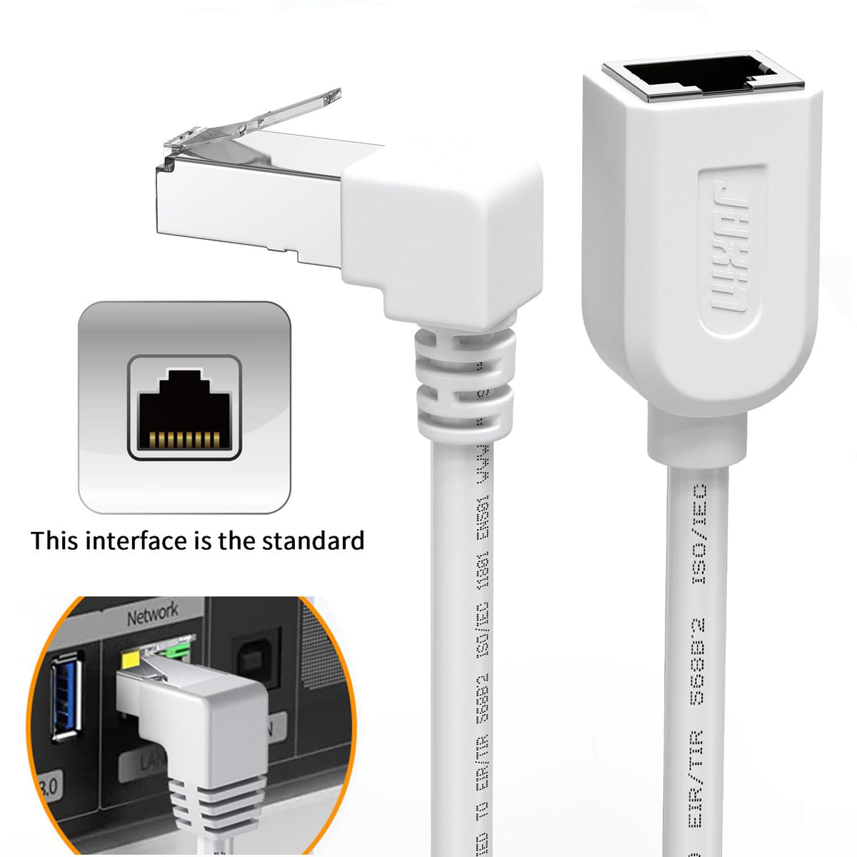 JUXINICE Right Angle Ethernet Extension Cable Down Angle1.5ft-White, 90 Degree CAT6 Ethernet Patch Cable RJ45 LAN Cable Extender Male to Female Connector for Router Modem Smart TV PC Computer Laptop