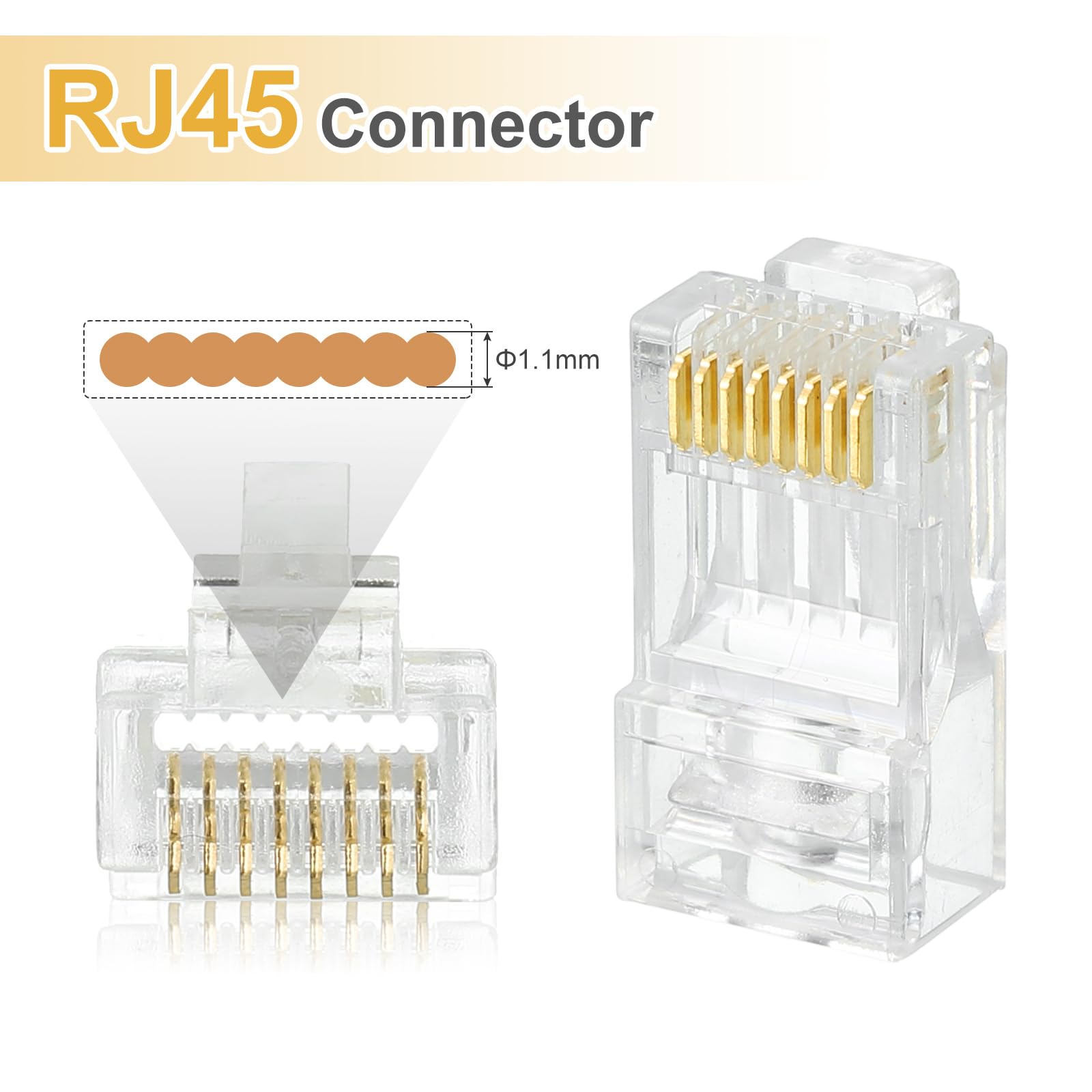 MECCANIXITY 60pcs Cat6 RJ45 Pass Through Connectors, RJ45 Connector 8P8C Gold Plated Plugs with 60pcs White Strain Relief Boots for Solid or Stranded UTP Ethernet Cable, 1.1mm
