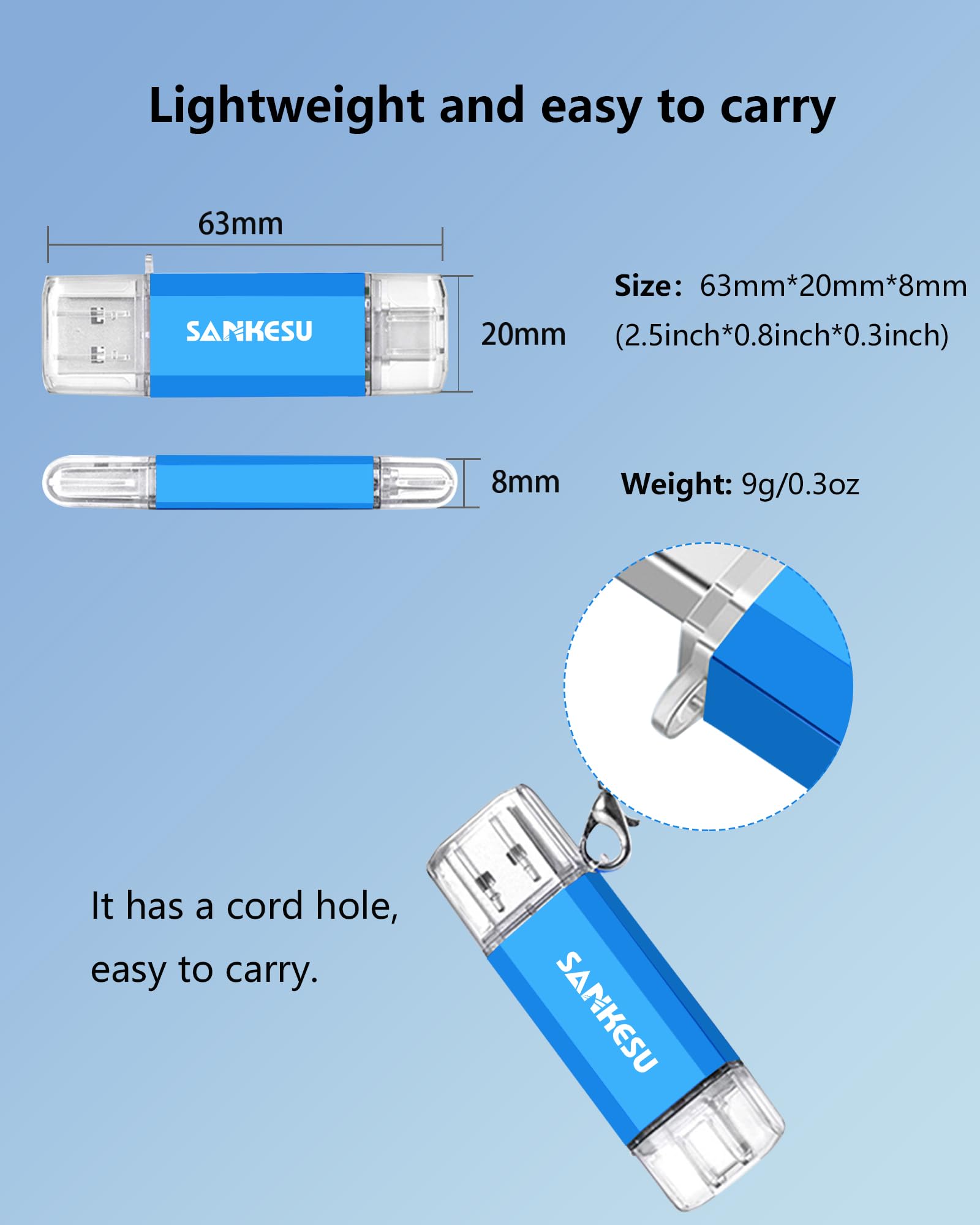 SANKESU 256GB USB C Flash Drive 2 in 1 Thumb Drive 3.0 USB-A & Type-C Dual OTG Photo Storage Memory Stick Compatible with Android Phone,PC, Laptop,Smartphone,Tablet(Blue)
