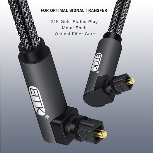 EMK 【Upgraded】 Double 90 Degree Optical Audio Cable Free-Rotating Toslink Plug Nylon Braided S/PDIF Digital Right Angle Optical Male to Male Cable for Home Theater,Sound Bar,TV(6.6ft/2m)