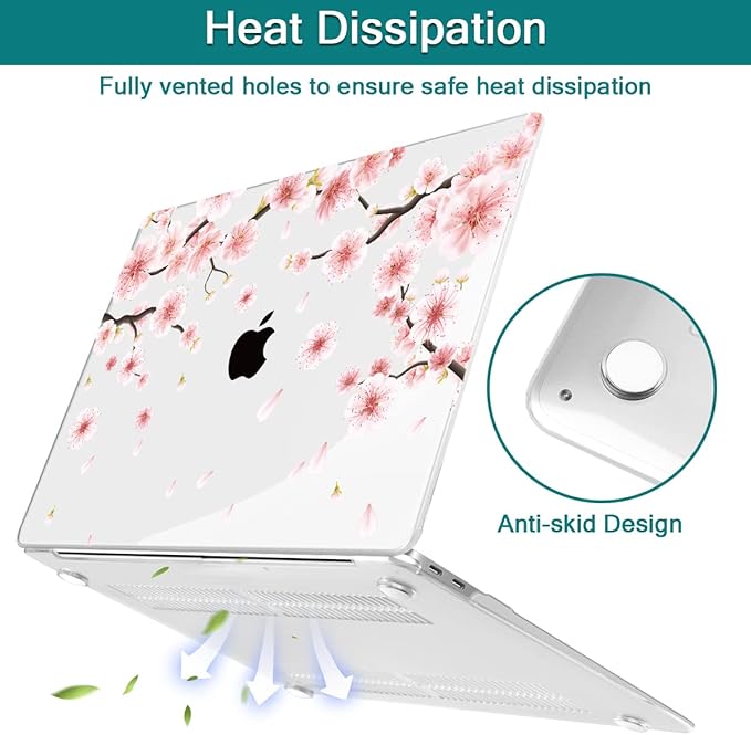 Teryeefi New MacBook Air 13 Inch Case 2021 2020 2019 2018 Release A2337 M1/ A1932/A2179 with Retina Display Touch ID, Floral Hard Plastic Shell Case and Keyboard Cover,Cherry Blossoms