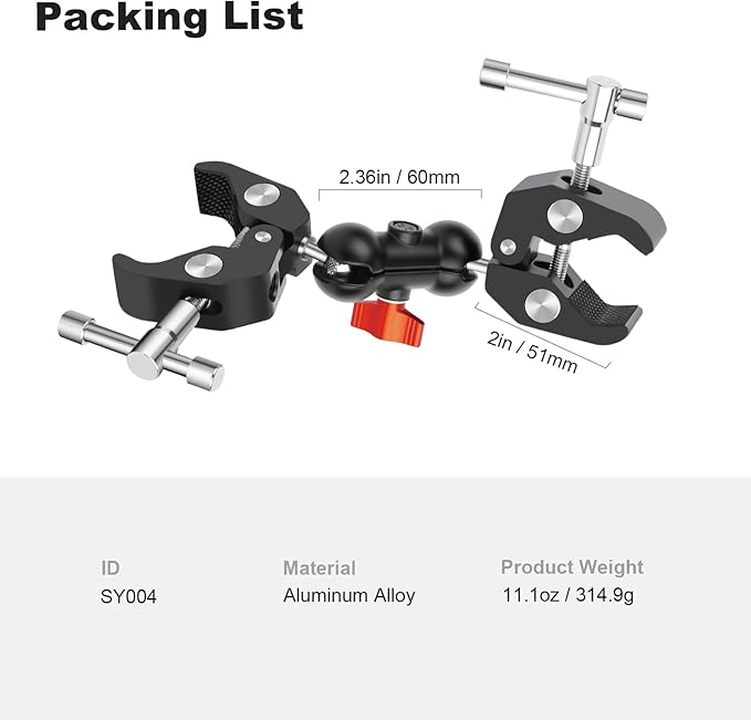 Double Super Clamp Camera Mount with Magic Arm, Aluminum Double Clamp Mount Umbrella Holder for Desk, Studio Light/Boom Stand, Photography Reflector, Cross Bars, Bike/Motor Handlebars (SY004)