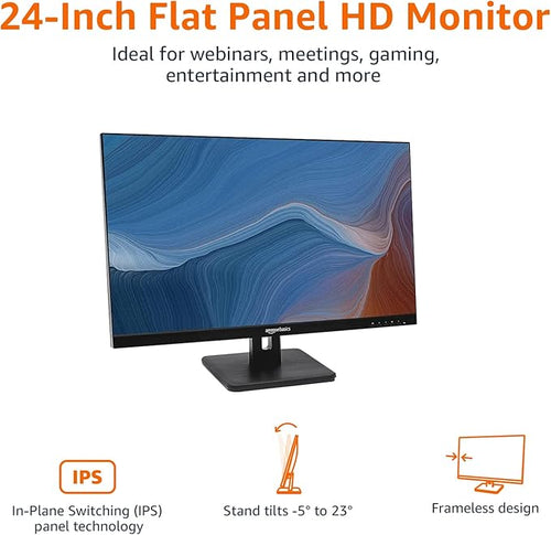 Amazon Basics 24-inch Full HD IPS Monitor, 75 Hz, 1080P, HDMI, Display Port and VGA Input, Adjustable Stand, VESA Compatible, Built-in Speakers for Office and Home, Black