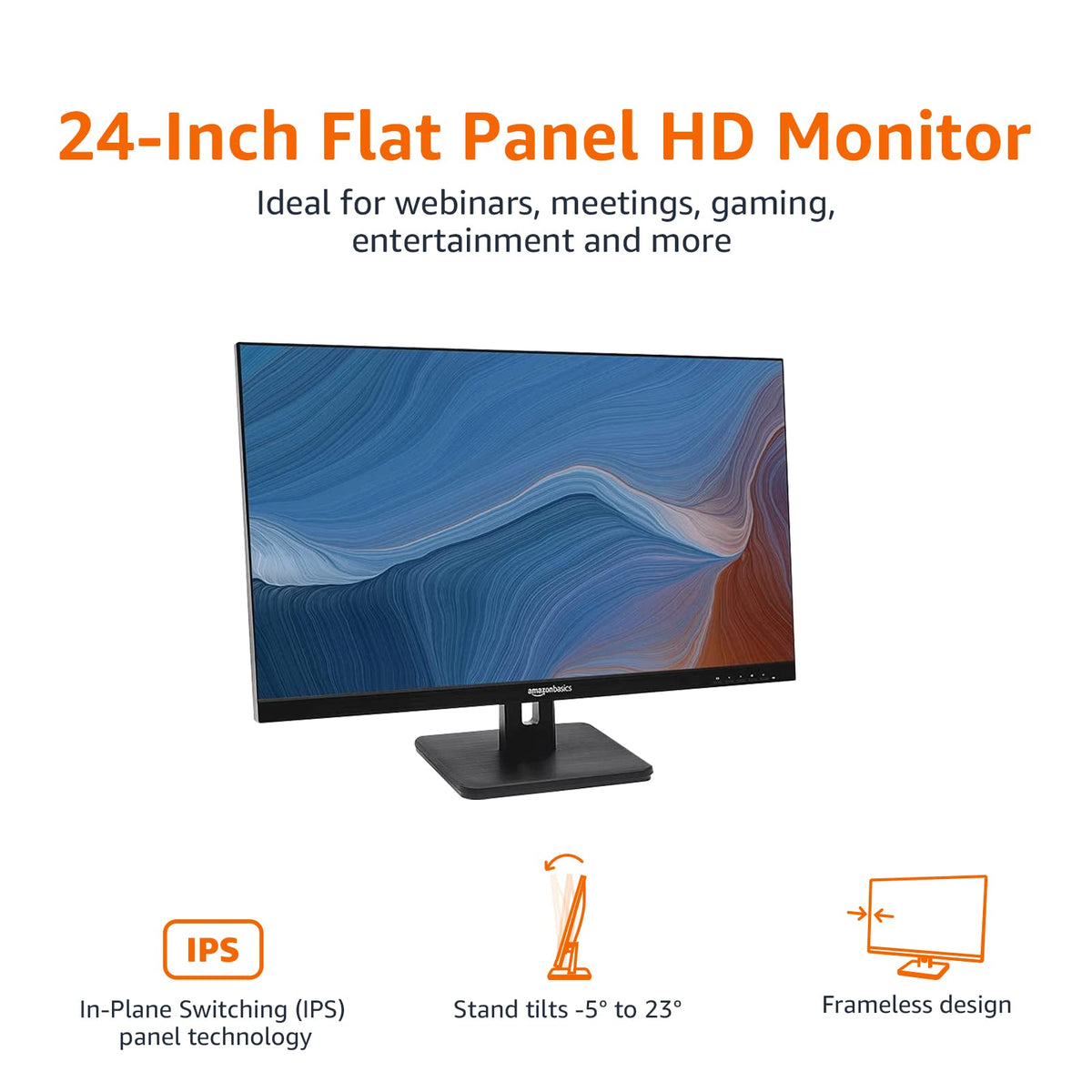 Amazon Basics 24-inch Full HD IPS Monitor, 75 Hz, 1080P, HDMI, Display Port and VGA Input, Adjustable Stand, VESA Compatible, Built-in Speakers for Office and Home, Black