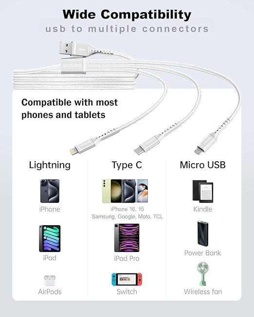 Multi Charging Cable 2Pack 6FT, 3 in 1 Charger Cable Braided Universal Phone Charging Cord with Lightning/Type C/Micro USB Ends, Multiple USB Cable for iPhone/Samsung/Google Cell Phones and More
