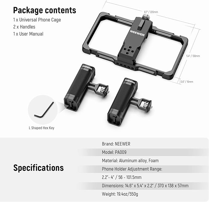 NEEWER Upgraded Phone Rig Vlogging Kit, Video Stabilizer with Dual Handle, Wireless Mic Clip Slot for Tiktok/YouTube, Compatible with SmallRig iPhone 16 15 14 Pro Max Plus 13 Galaxy S23, PA009