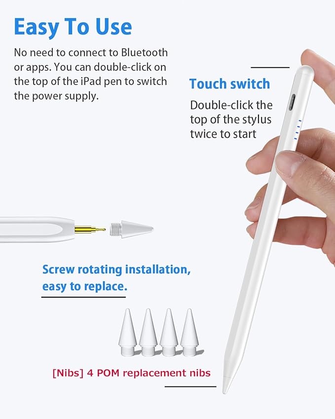 Stylus Pen for iPad 9th&10th, Fast Charge for ipad Pencil with Palm Rejection, Active Pen Compatible with (2018-2025) Apple iPad 6/7/8/9/10/11(A16), iPad Pro 11"/12.9"/M4, Mini 5/6, Air 3/4/5/M2/M3