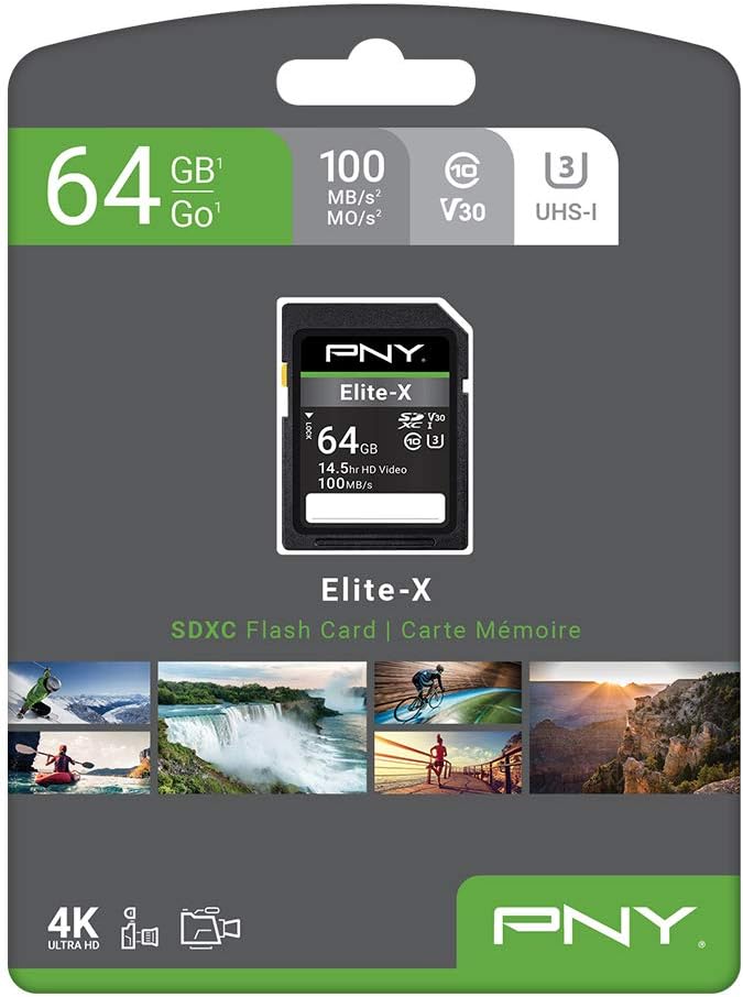 PNY 64GB Elite-X Class 10 U3 V30 SDXC Flash Memory Card - 100MB/s, Class 10, U3, V30, 4K UHD, Full HD, UHS-I, Full Size SD (Pack of 1)