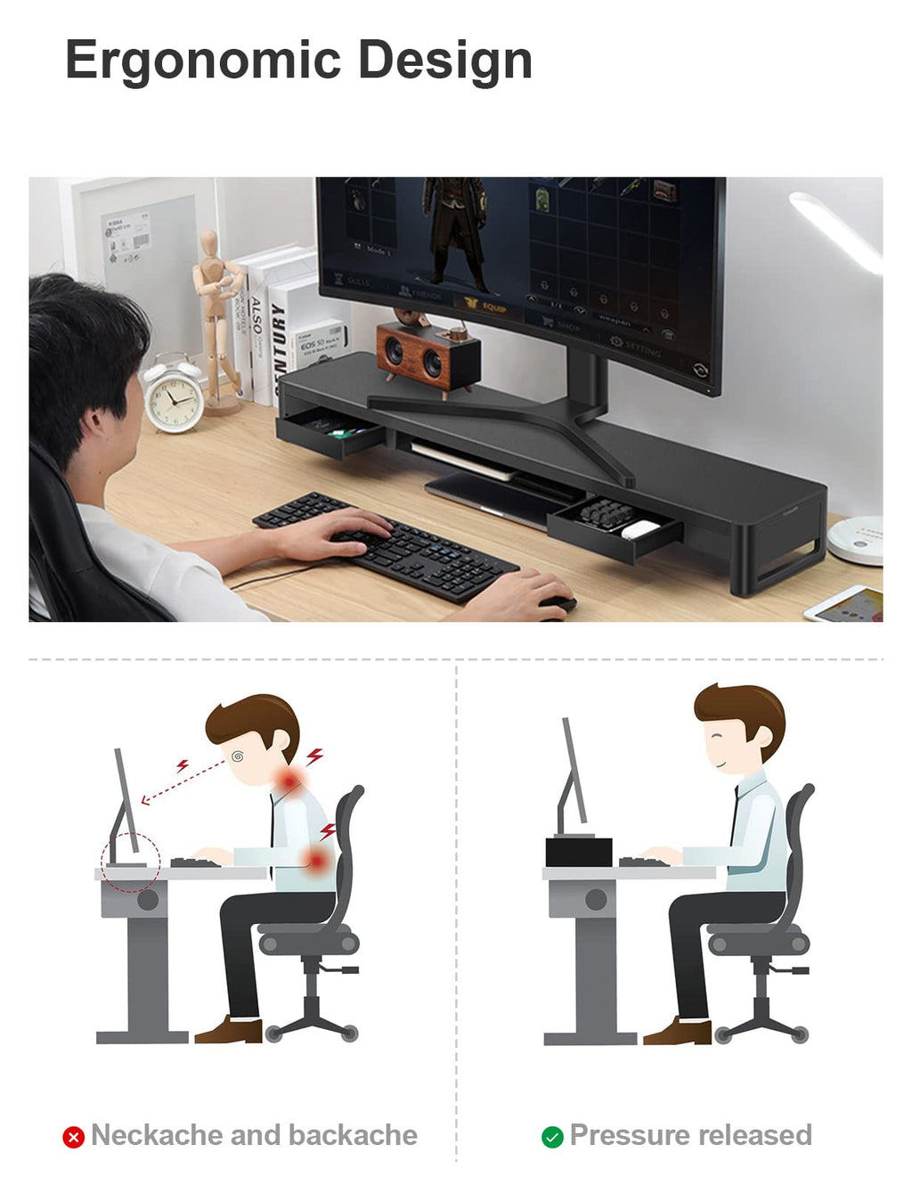 meatanty Dual Monitor Stand Riser with 2 Storage Drawers, Metal Computer Monitor Stand Monitor Shelf with Pull Out Drawer, Keyboard and Mouse Storage Desktop Organizer for PC,Laptop,iMac,TV,Printer