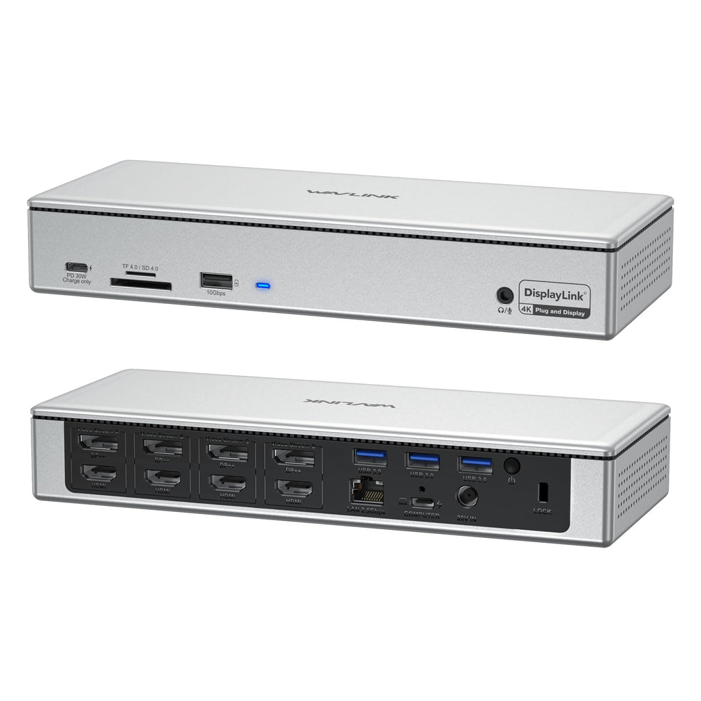 WAVLINK DisplayLink Laptop Docking Station - Quad Monitor 5K/4K @60Hz, 100W Charging - Thunderbolt 5/4, USB-C/A - M1-M5 Mac/Macbook Neo/Windows/Chrome- 4 HDMI, 4 DP, 180W Power, SD 4.0 CR, 2.5Gbps LAN