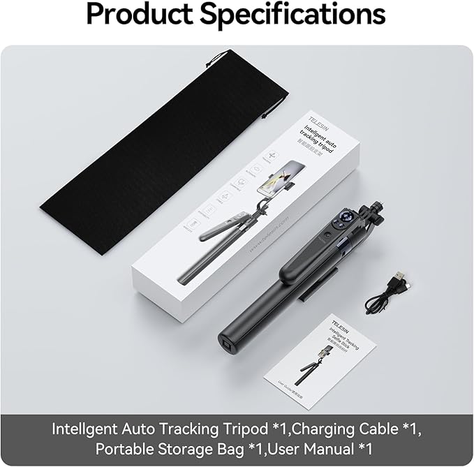 TELESIN 63" Smart Auto-Face Tracking Tripod with 360° Rotation, Remote & Gesture Control, No APP Needed, Compatible with Smartphone/Action Camera, Selfie Stick Tripod Stand for Video Live Streaming