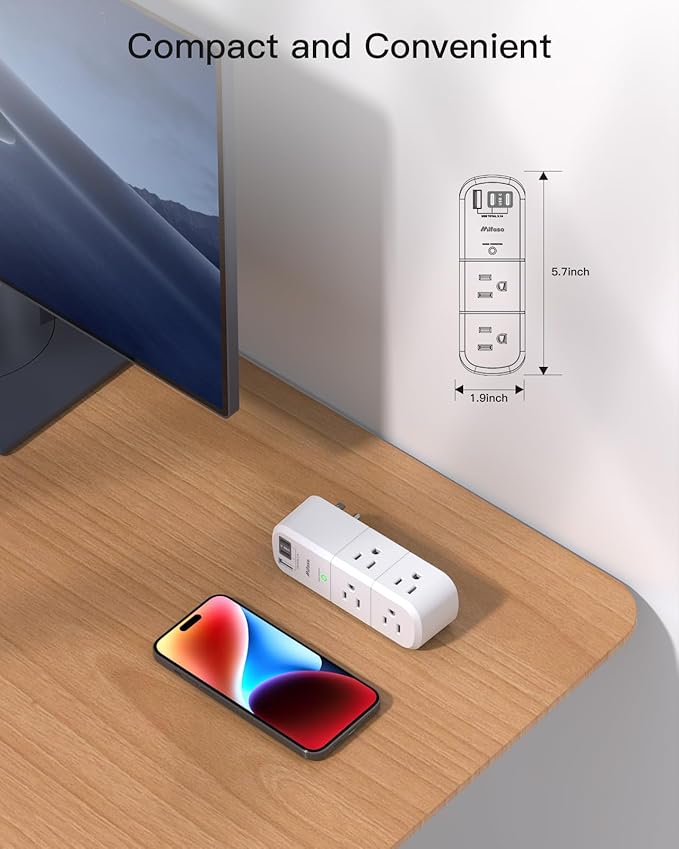 PD30W USB Outlet Extender Surge Protector - with Rotating Plug, 6 AC Multi Plug and 3 USB Ports (2 C), 3-Sided Swivel Power Strip Spaced Splitter for Home, Office, Travel
