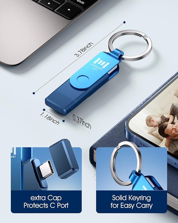 MOSDART 256GB Dual USB C Flash Drive, Speed Up to 150MB/S Type C 3.1 Thumb Drive with Keychain, for iPhone 15 and 16, Android Phone, iPad, MacBook, and Laptops, Navy Blue
