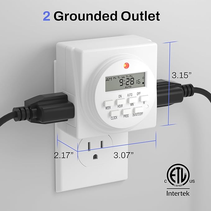 BN-LINK 7-Day Heavy Duty Digital Programmable Timer, 120V, 60Hz, Dual Outlet forLight, ETL Listed (2-Pack)