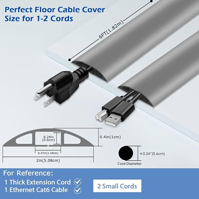 6ft Floor Cord Cover,Cord Hider Floor Gray,Extension Cable Cover Power Cord Protector Floor,Floor Cable Management Prevent Cable Trips,Cord Protector Cord Cavity:0.47" (W) x 0.24" (H)