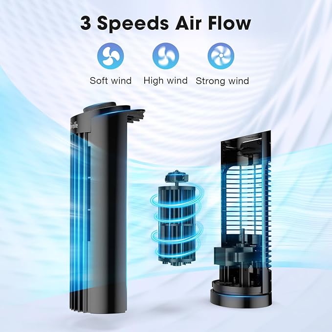 Grelife Tower Fan with Remote Control, Fast Cooling Desktop Fan, 90° Oscillation, 3 Speeds, 3 Wind Modes, Touch Screen, Auto Timer, Ideal for Home, Office Bedroom