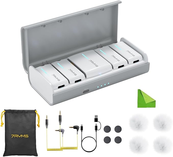 7RYMS iRay DW40 Wireless Lavalier Microphone with Four Transmitters One Charging Case Support AI Denoise, 48kHz/24bit Recording for Video Vlog, Interview, Live Streaming, Podcasting-White