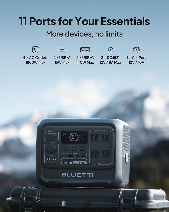 BLUETTI Elite 100 V2 Solar Generator with 350W Solar Panel (Ships Separately), 1024Wh Portable Power Station w/ 4 1800W AC Outlets, 35% Smaller, Ideal for Camping, Emergencies, Backup Power(2025 New).