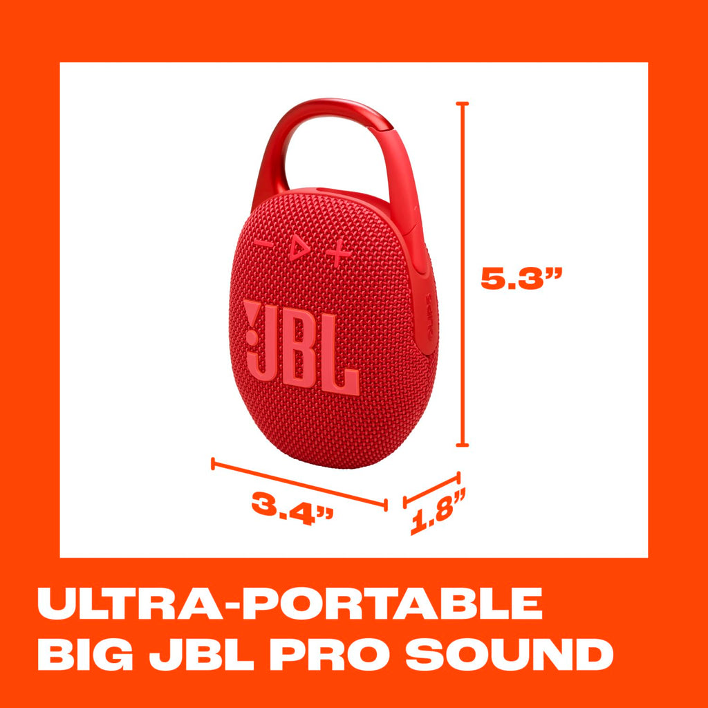 JBL Clip 5 - Ultra-Portable, Waterproof & Dustproof Bluetooth Speaker, Big JBL Pro Sound with Punchy bass, Integrated Carabiner, Up to 12 Hours of Play, Made in Part with Recycled Materials (Red)