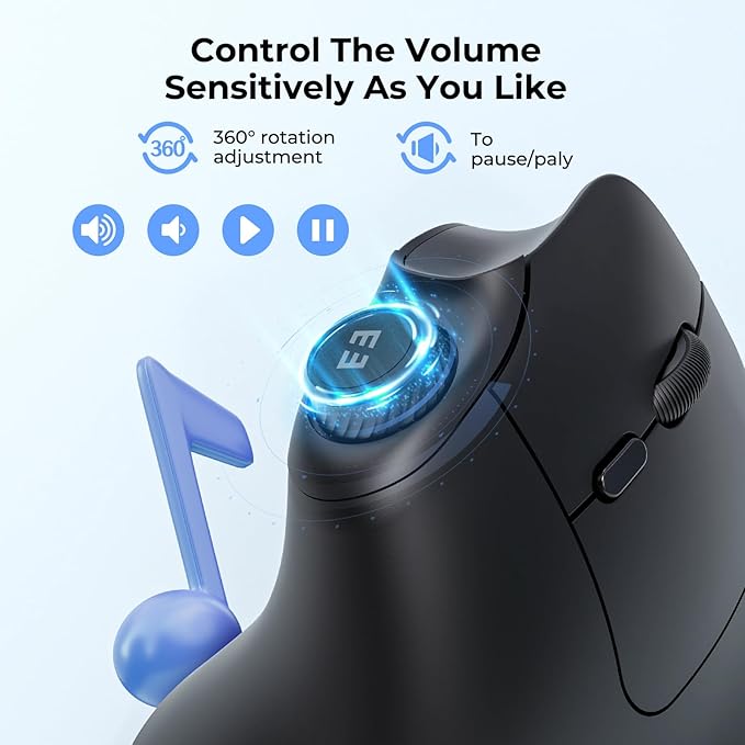 seenda Ergonomic Mouse Rechargeable, USB+Dual Bluetooth, MOU-302 Vertical Wireless Mouse with Volume Knob, Quiet Clicks, Multi-Device Cordless Mice Compatible for Windows, PC, Laptop, Mac OS, Black