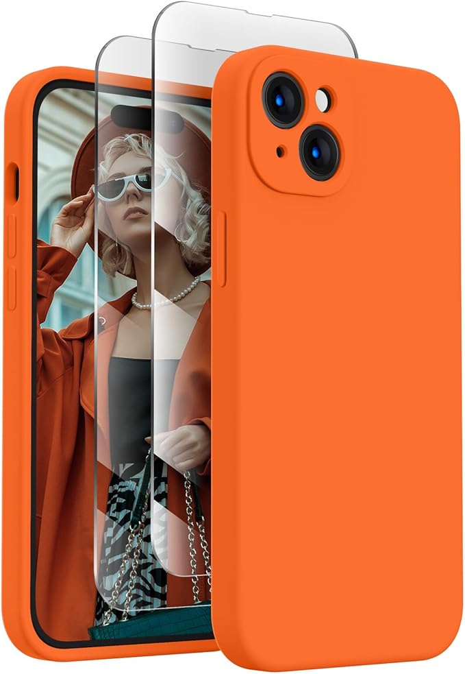 FireNova Designed for iPhone 15 Plus Case, Silicone [Camera Protection] Case with [2 Screen Protectors], Soft Anti-Scratch Microfiber Lining Inside, 6.7 inch, Neon Orange
