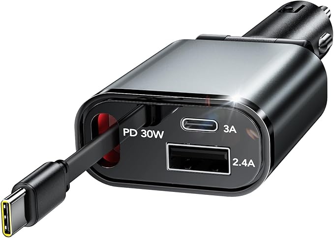 Retractable Car Charger, 3 in 1 Fast Car Phone Charger 50W, 1 TypeC Retractable Cables and USB Port, Compatible with iPhone 16/15/14/13/12/11,Galaxy,Pixel
