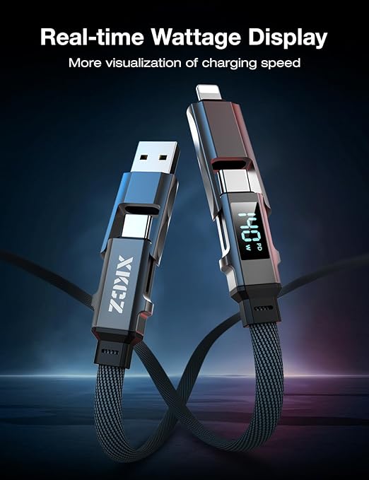 4 in 1 USB C Cable with Wattage Display, 140W Flat Nylon Braided Multi Charge Cable with Data Sync, USB C Charging Cord Combo Type C/USB A/L Port for iPhone/iPad/Samsung/Laptop, 5FT