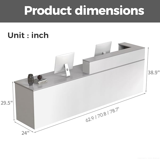 Reception Desk with Counter, Modern Front Desk Reception Counter with Keyboard Tray, Lockable Drawer and Storage Shelves for Office, Retail, Salon(White+Gray/Left, 63" L*24" W*39" H)