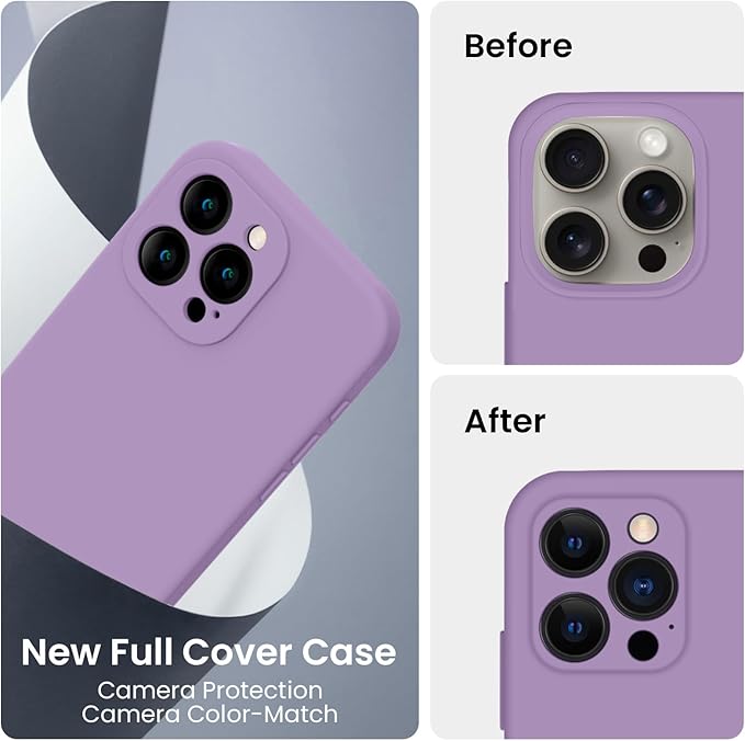 FireNova Designed for iPhone 15 Pro Case, Silicone Upgraded [Camera Protection] Phone Case with [2 Screen Protectors], Soft Anti-Scratch Microfiber Lining Inside, 6.1 inch, Light Purple