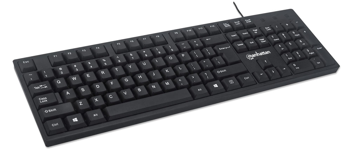 Manhattan Wired Computer Keyboard – Basic Black Keyboard - with 4.5ft USB-A Cable, 104-keys, Foldable Stands - Compatible for Windows, PC, Laptop - 3 Yr Mfg Warranty – 179324