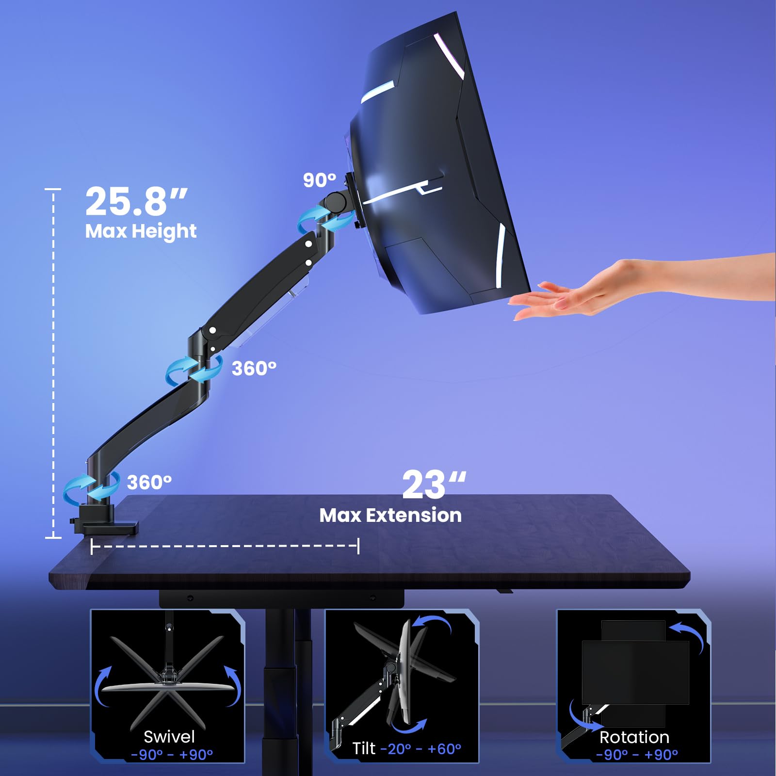 Ultrawide Monitor-Arm Heavy Duty 22-57‘’ - PUTORSEN Aluminum Single Monitor Mount Holds up to 59.4 lbs, Premium Adjustable Desk Mount Stand, VESA 75/100/200 mm, Black