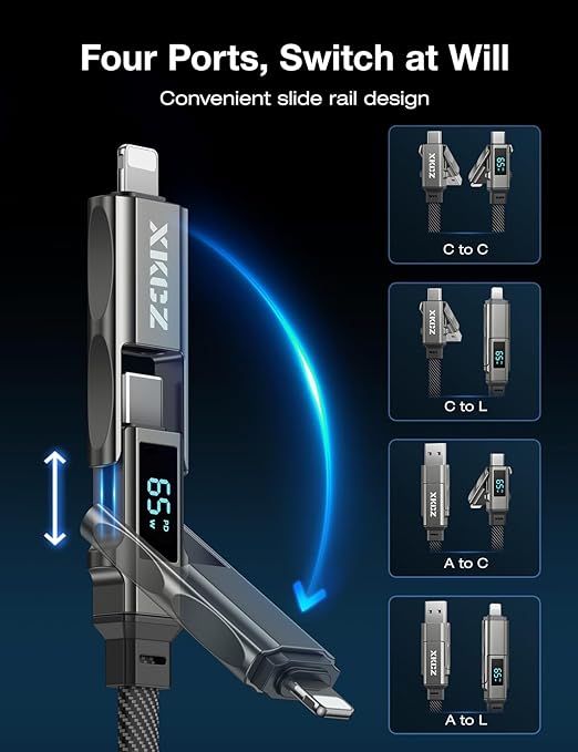 4 in 1 USB C Cable with Wattage Display, 65W Flat Nylon Braided Multi Charge Cable with Data Sync, USB C Charging Cord Combo Type C/USB A/L Port for iPhone/iPad/Samsung/Laptop, 5FT