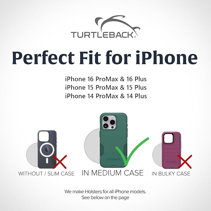 Turtleback Belt Clip for iPhone 16 Pro Max, 15 Pro Max, 14 Pro Max -Medium- Fits w/Shockproof Commuter Style Cases, Premium Black Leather, Horiz. Belt Holder, Magnetic Closure HD Rotating Clip