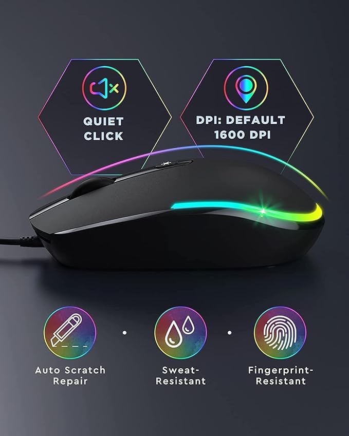 seenda Wired Mouse - USB Computer Mouse Wired with RGB Backlit Optical LED Mouse with Attached USB Cord for Laptops Notebooks Chromebook - Black