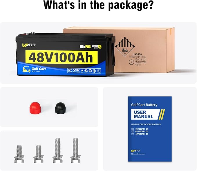 48V 100Ah Lithium LiFePO4 Battery for Golf Cart with 48Volt 15A Charger, Lithium Deep Cycle Batterys with Bluetooth and Monitor, BMS 200A, 5.12kWh Output, 600A Peak Current