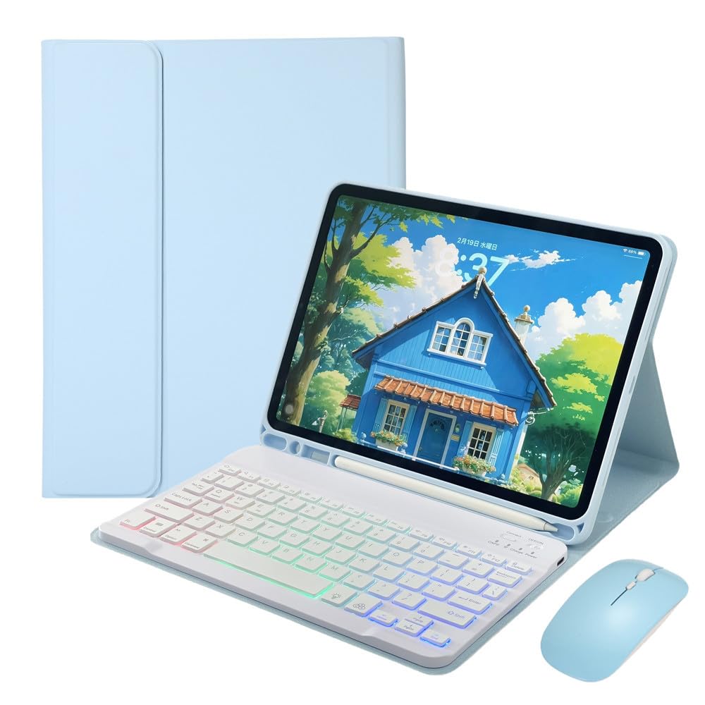 Disonbeir for iPad mini 5th Generation/iPad mini 4 Keyboard Case with Mouse and Rainbow Backlit Detachable Bluetooth Keyboard Cover,Light Llue