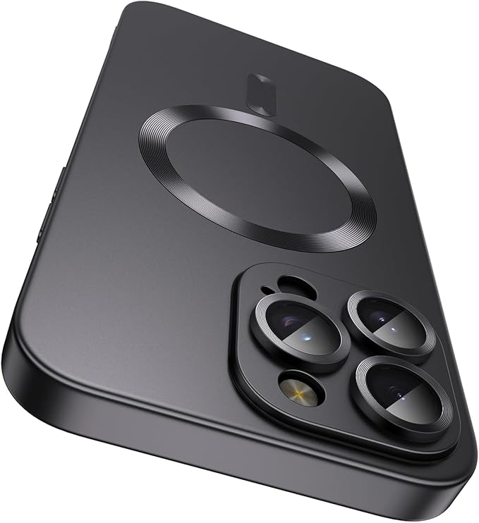 Magnetic for iPhone 15 Pro Max Case [Compatible with MagSafe][Built-in Camera Lens Protector] Slim Soft Silicone Bumper Shockproof Metallic Luster Phone Case (Black)