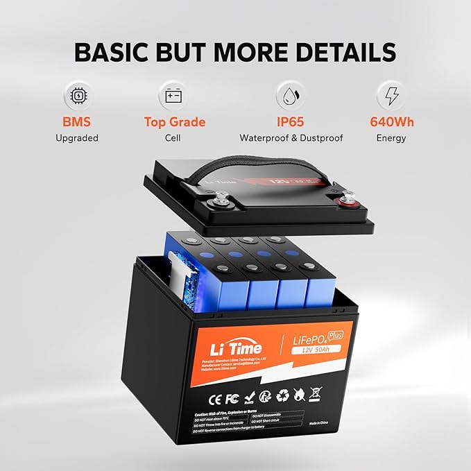 LiTime 12V 50Ah LiFePO4 Lithium Battery 12.8 Volt Deep Cycle Battery, 4000+ Deep Cycle, for Boat Marine Trolling Motor Camping(14.6V10A LiFePO4 Charger Included)