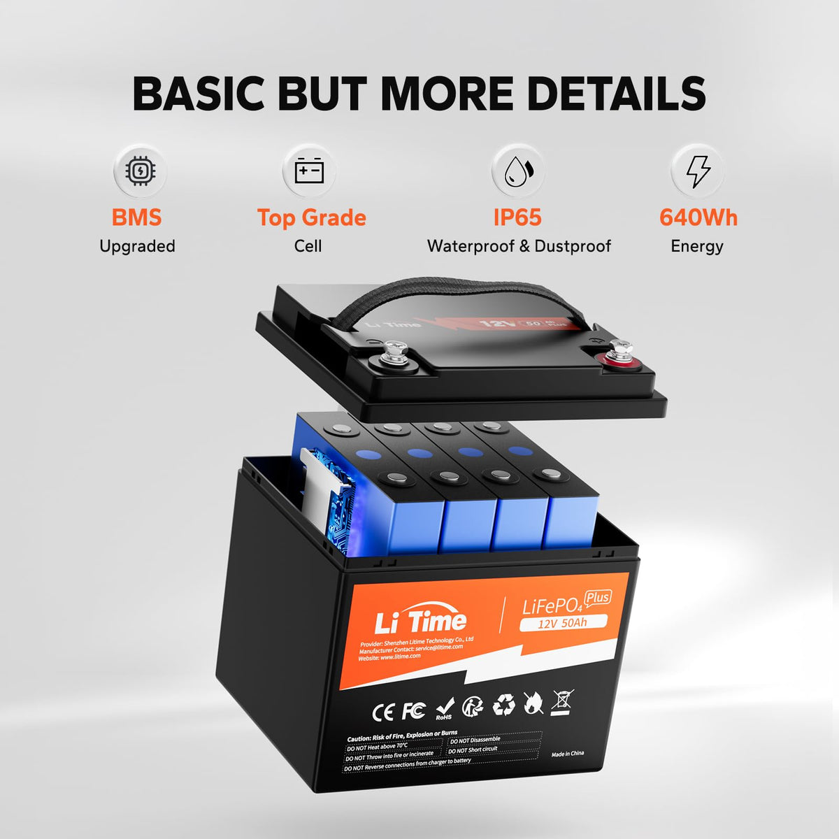 Litime 12V 50Ah LiFePO4 Deep Cycle Battery 14.6V10A Lithium Charger, 11.57lbs Ultra-Light RV Battery, 640Wh, Max. 15000+ Cycles, Safe&Reliable for Trolling Motor, Marine