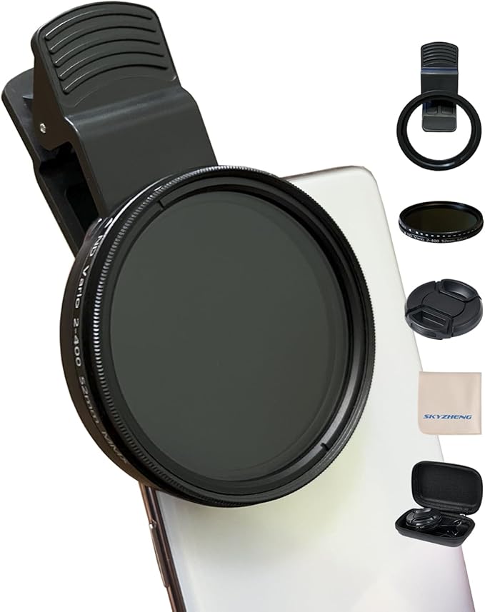 52mm Clip-on ND2-400 Phone Camera Lens Filter Kit, Adjustable Neutral Density Filter Compatible for iPhone 15 14 13 12 11, Google Pixel and Other Smart Phones