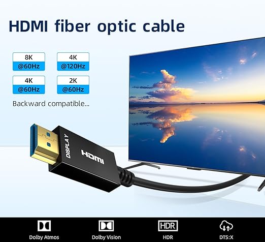 8K HDMI Fiber Optic Cable 50ft, 4K120 8K@60Hz HDMI 2.1 Cable, 48Gbps Ultra High Speed Slim HDMI Optical Audio Cable HDMI Cord, eARC HDR10 HDCP 2.2 Compatible with PS5 Xbox TV Projector