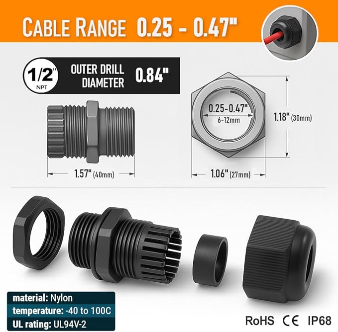 MGI SpeedWare 1/2" NPT Strain Relief Nylon Cord Grip Cable Glands, Black Plastic Grommet 100-Pack