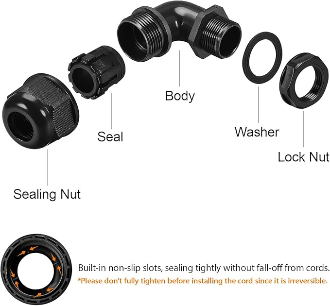 LeMotech M16 Cable Gland, 90 Degree Adjustable 6-10mm Strain Relief, Cord Connectors Nylon Joints with Gaskets, 6 Pcs, Black