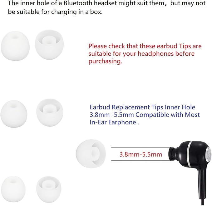 Earbud Tips Soft and Comfortable Headphone Ear Tips Ear Bud Replacement Pieces Silicone Fit Most in-Ear Headphones，Inner Hole 3.8mm -5.5mm，18 Pairs White S/M/L Replacement Earbud Tips
