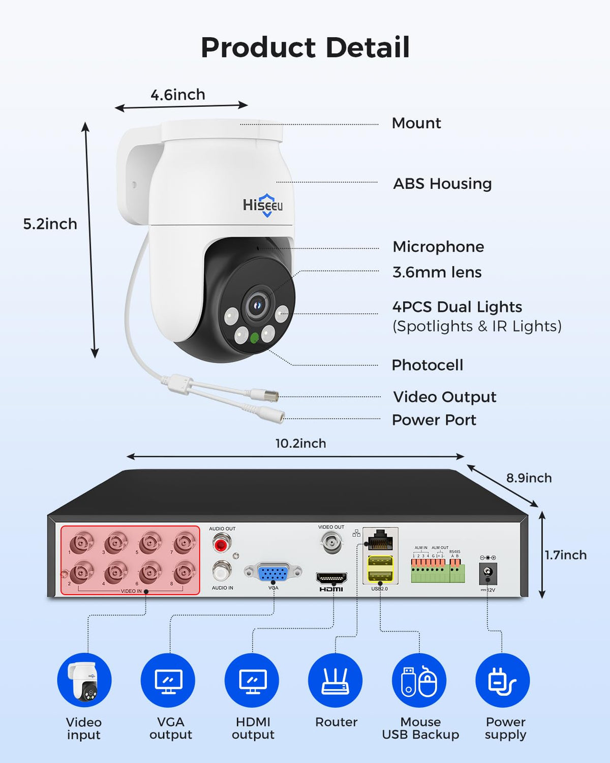 Hiseeu 3K Outdoor Wired Security Camera System with 8CH 5MP DVR,8 x 5MP PTZ CCTV Cameras,360°Coverage,Smart Dual Light & Audio,Person/Vehicle Detection,3TB HDD,100ft Night Vision,24/7 Recording