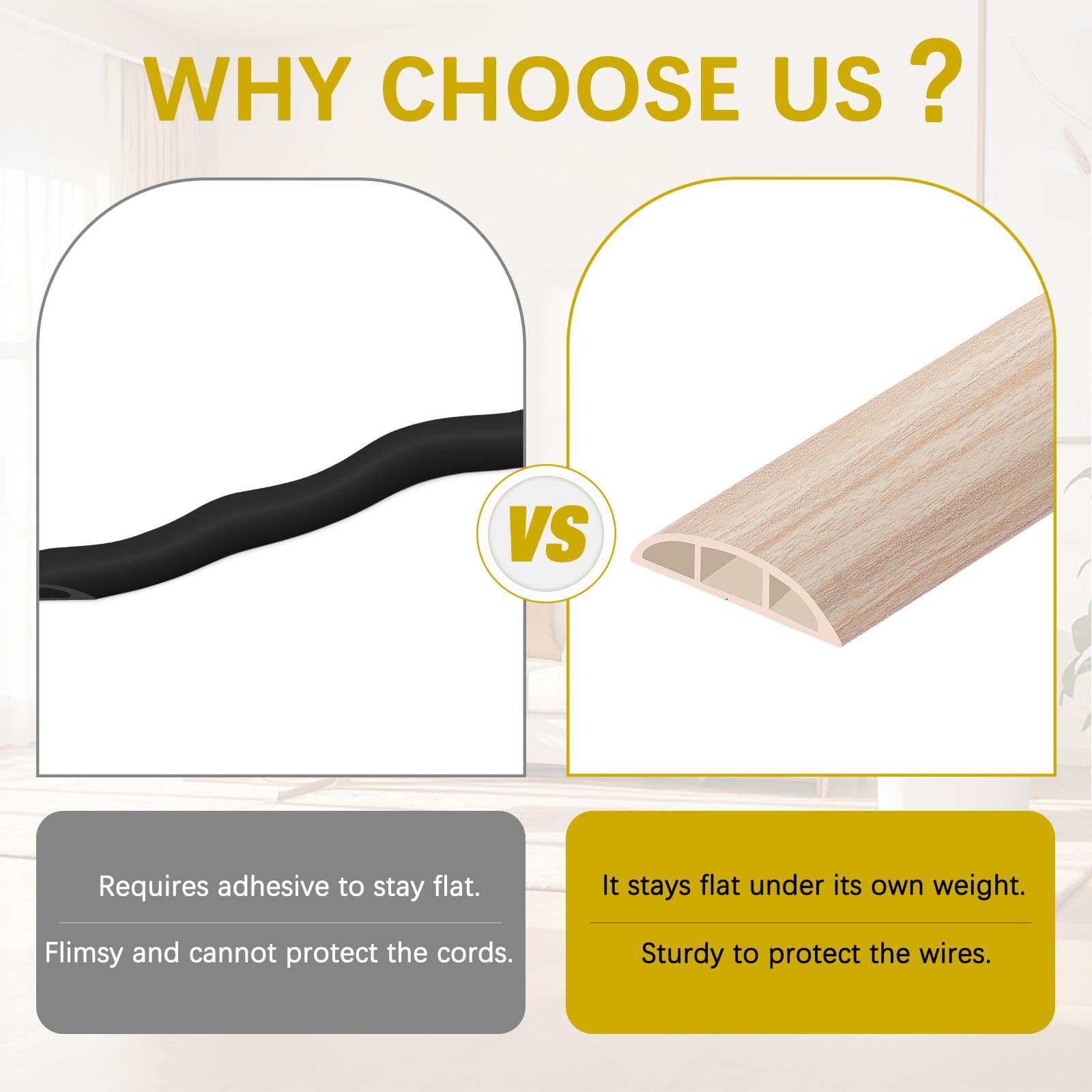 JAHOMFAI Floor Cord Cover 10FT Cord Covers for Wires on Floor Protect Wires & Prevent Trip Hazards, Easy to Cut for Home, Office, School, Concerts, Cavity W0.6in x H0.32in