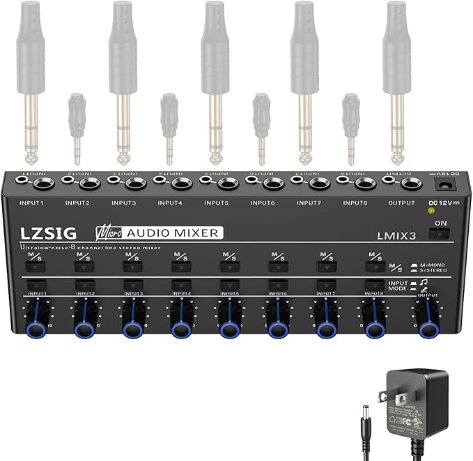 LZSIG Audio Mixer, Stereo Line Mixer for Sub-Mixing, Ultra Low-Noise, 8-Channel, Dynamic Microphone Independent Control, 1/4" & 1/8" TRS Output and Input, for Guitars,Bass,Keyboards